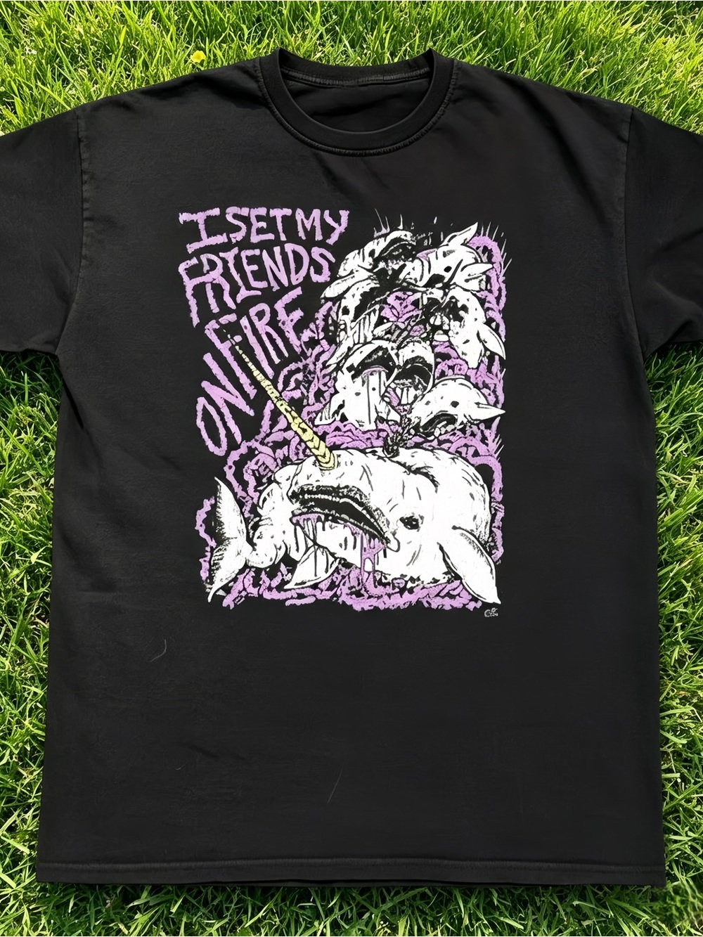 Y2K avant-garde narwhal flame pattern black unisex loose fit T-shirt.